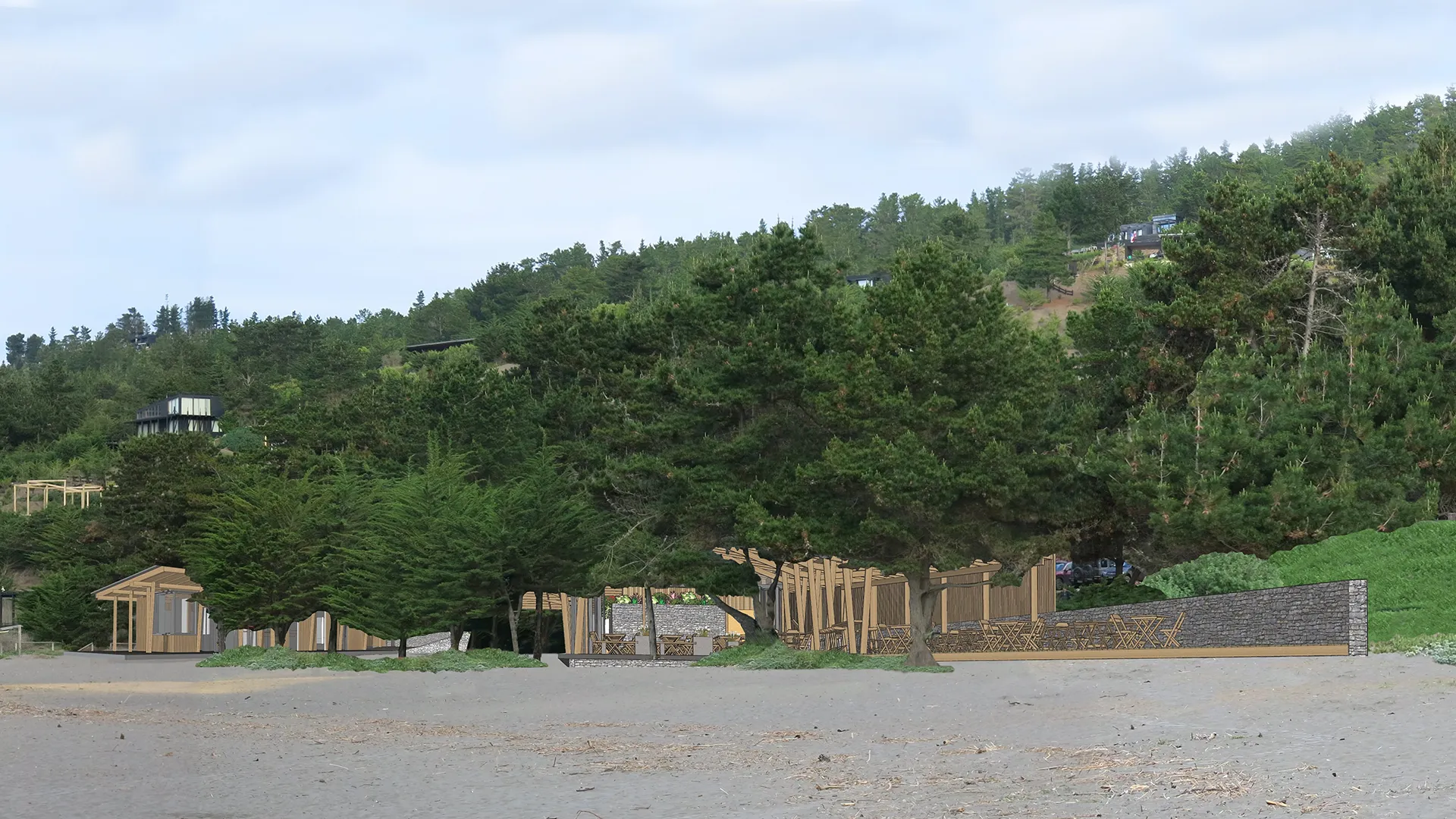 Paisaje costero con estructuras integradas. Clave para Paisajismo, Conservación y Evaluación de Impacto