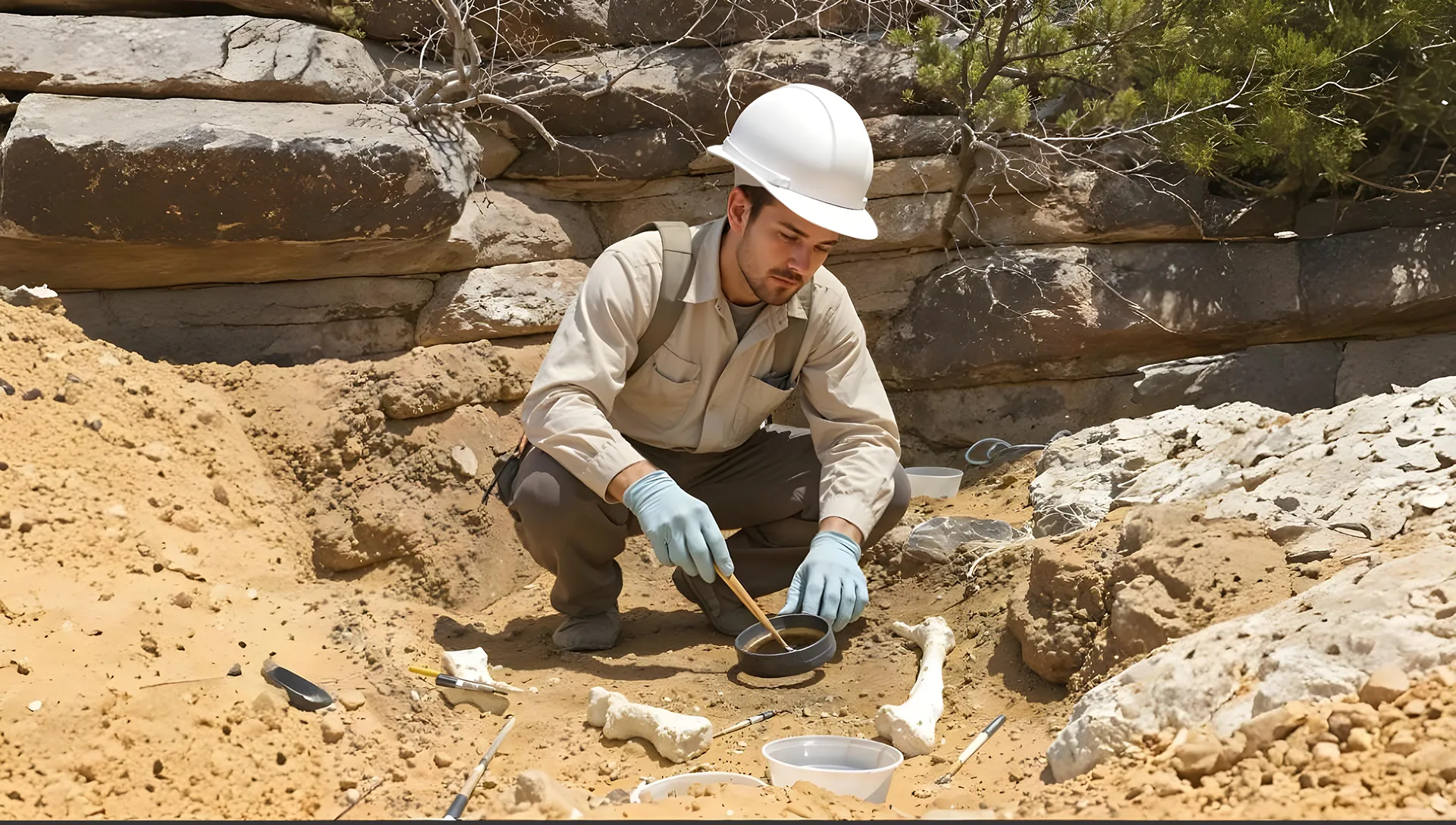 Trabajo de campo en paleontología: arqueólogo examina fósiles con herramientas en sitio de excavación regulado